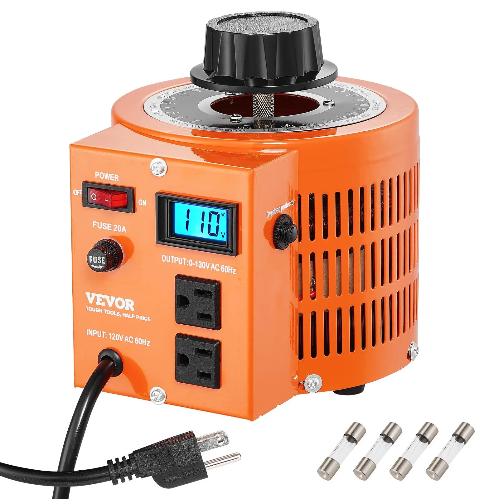 【BackToSchool】VEVOR 2000VA Auto Variable Voltage Transformer, 15.3 Amp, 110V Input 0-130V Output AC Voltage Regulator, with LCD Display 4 Extra Fuses Thermal Control Switch for Home Industrial Office