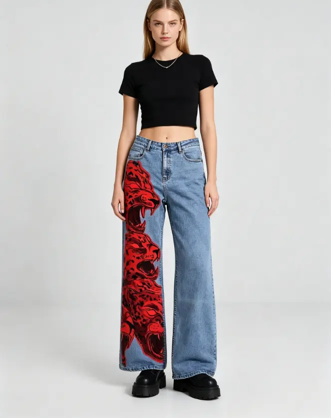 Red Leopard Head Tattoo Style Wide Leg Jeans, DGT Direct To Garment Leg Print, Unisex Edgy Streetwear Denim