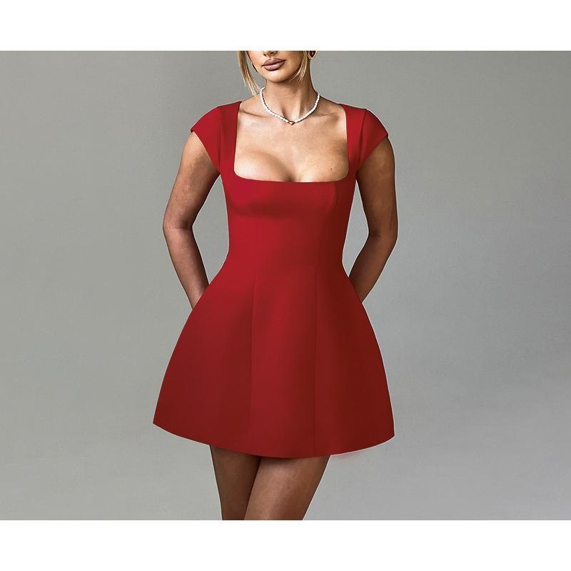 Women's T-neck Short Flutter Sleeve Waist-cinching A-line Elegant Dress Formal Womenswear Workwear Sleeveless Basic Black