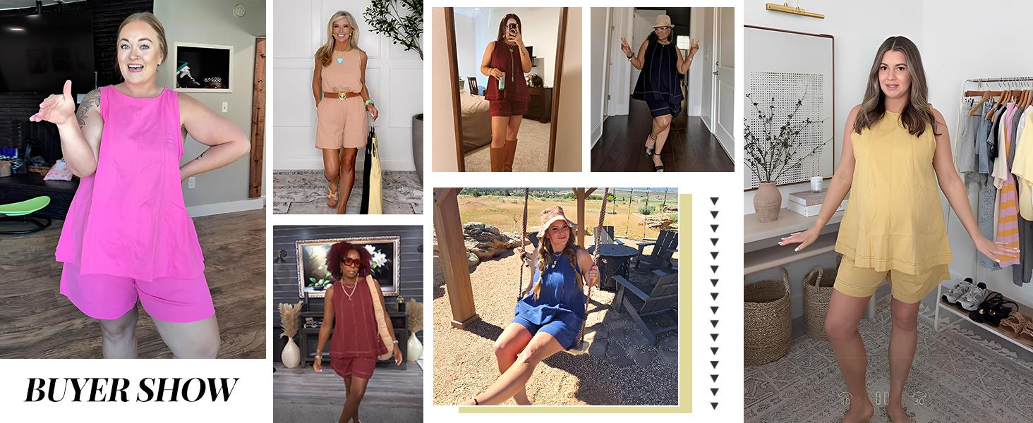 Ommig Womens 2 Piece Outfits Sleeveless Matching Sets A Line Tank Tops Contrast Stitching High Waist Shorts with Pockets