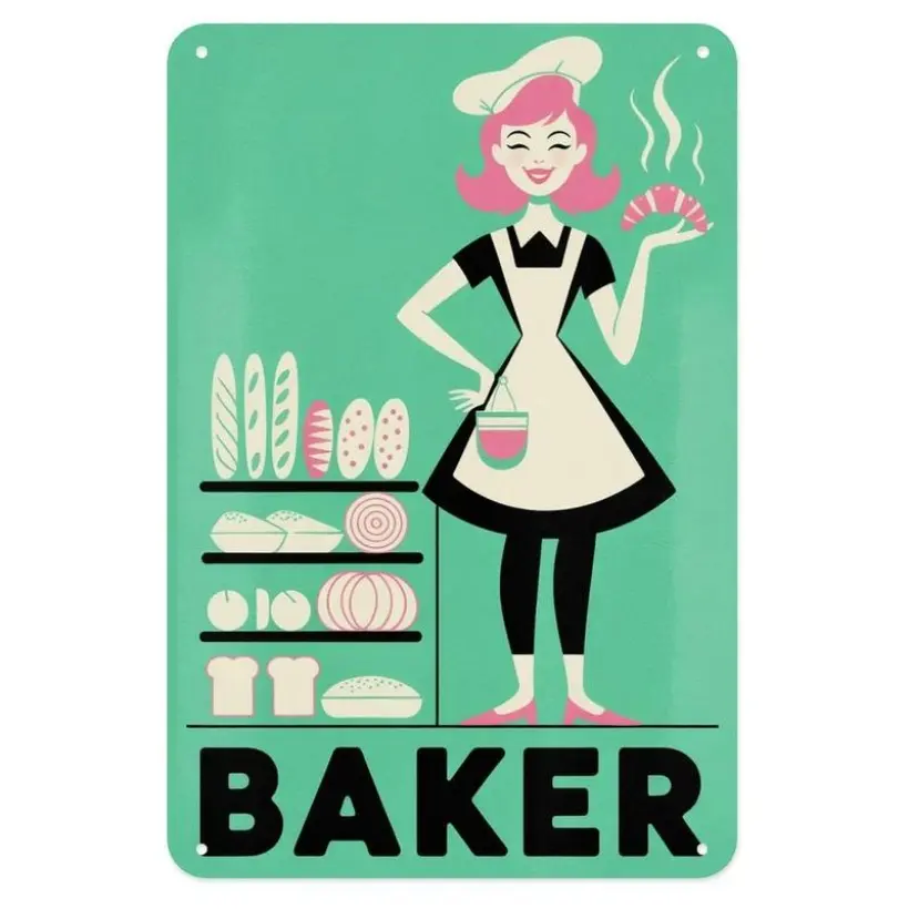 Retro Baker Tin Sign, Vintage Bakery Cafe Metal Sign for Home Decor, 8x12 in