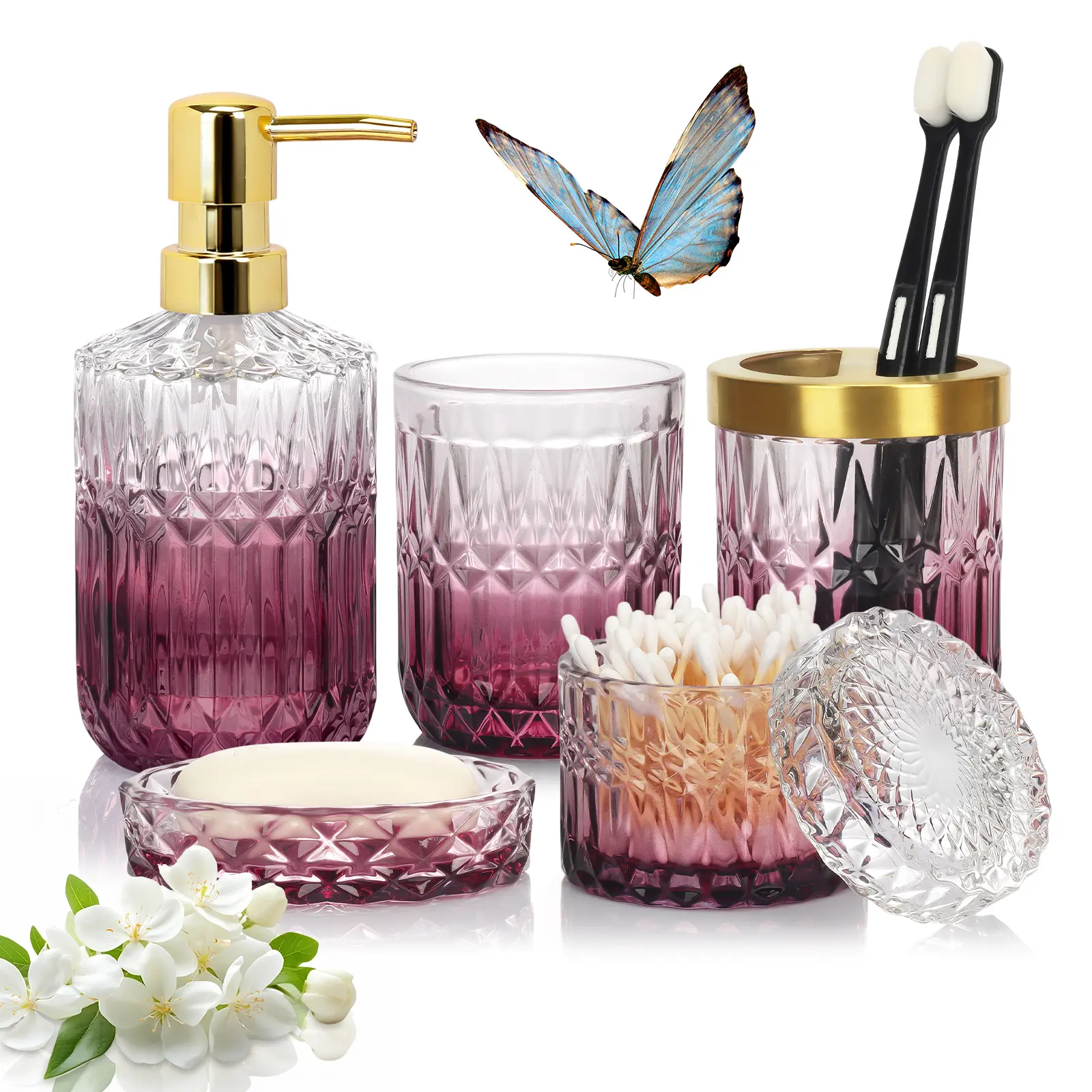 Bathroom Accessories Set, 5Pcs Bathroom Soap Dispenser Set, Glass Bathroom Accessories with Glass Soap Dispenser, Soap Dish, Toothbrush Holder, Tumbler, Cotton Swab Jar (Clear & Red)