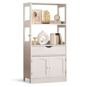 SIKAIC Multifunctional Storage Cabinet with Microwave Shelf, White Kitchen Cupboard with Drawers for Apartment Kitchen Organization Furniture