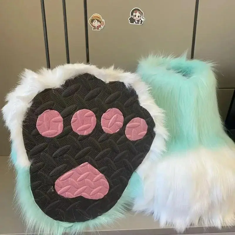 Cute Fursuit Paw Boots, Fluffy Polyester Faux Fur Animal Shoes with Paw Pattern, Cosplay Ready for Halloween and Parties