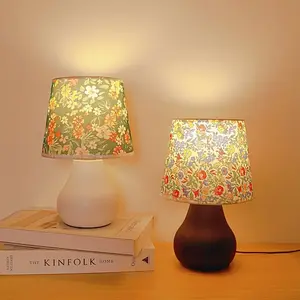 Nordic Vintage Fabric Table Lamp with Metal Base, Adjustable Brightness USB Light, Soft Warm Light for Bedroom Office Desk Bedside, Indoor Decorative Light