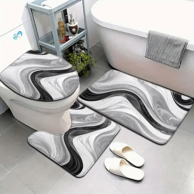 Joyfinity Black White Marble Swirl Textile Bath Mat Set (3/4 Pieces) - Non-Slip, Absorbent, Moisture-Resistant Memory Foam, U-Shaped Toilet Mat & Lid Cover, Machine Washable for Bathroom Floor, Tub, Textile Bath Mats, Moisture-Resistant Bath Mats
