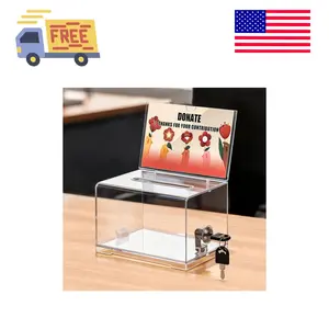 Clear Donation Box for Fundraising with Lock & Sign Holder
