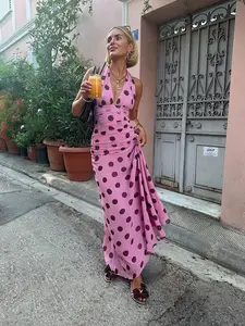 Boho Style Series Polka Dot Halter Neck Dress, Casual Boho Elegant Slim-Fit Backless Long Summer Dress, Sexy Women's Sun Dress with Ruffles & Mesh Patchwork