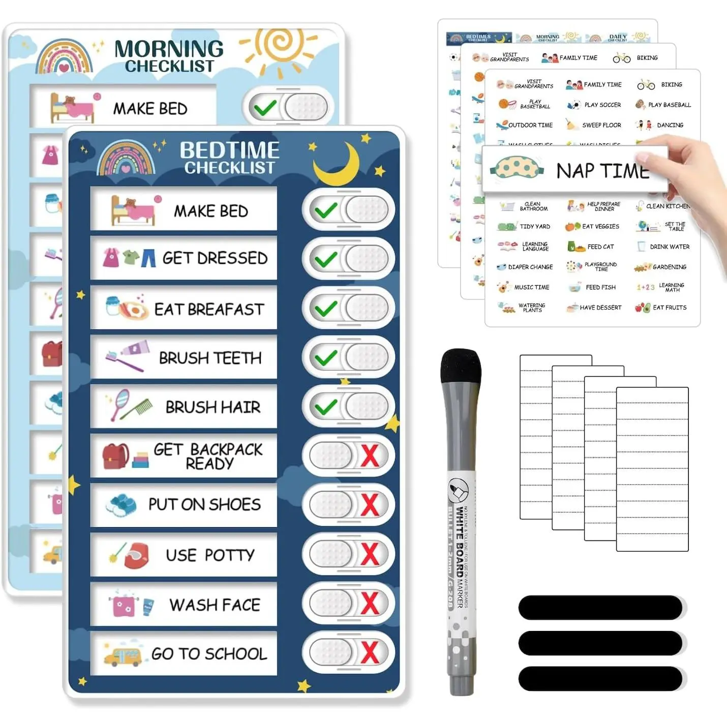 2-in-1 Kids Routine Chart - Cute Themes Bedtime/Morning Checklist Organizer, Interactive Sliders & Buttons Chore Board, Thick Plastic Tool for Busy Families to Build Positive Habits & Boost Sense of Accomplishment (Office Stationery)