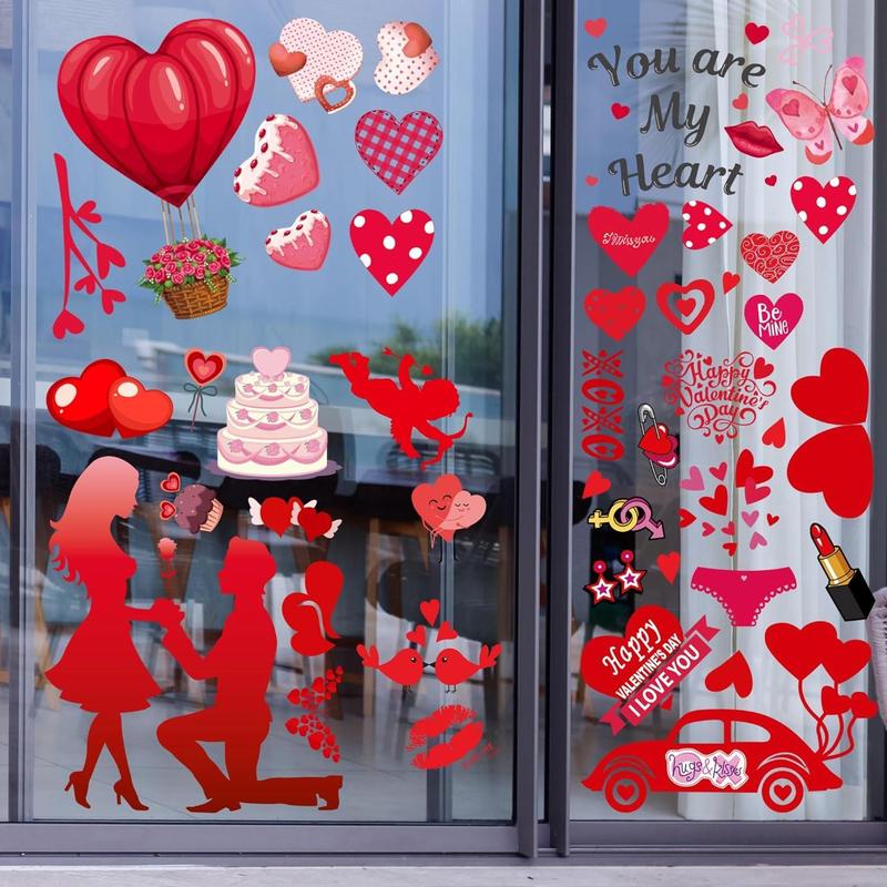 i-Beeboo Valentines Day Decor Window Clings 10 Sheets for Glass Windows Double-Sided Heart Decals with Red Love Flowers & Gifts Easy to Apply No Adhesive Needed