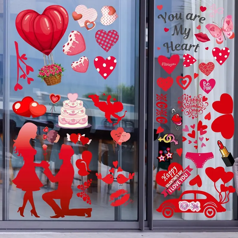 i-Beeboo Valentines Day Decor Window Clings 10 Sheets for Glass Windows Double-Sided Heart Decals with Red Love Flowers & Gifts Easy to Apply No Adhesive Needed