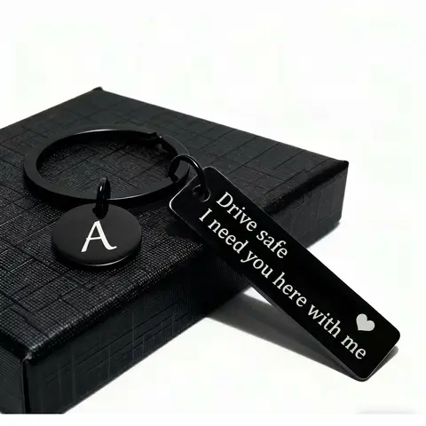 HOLDNEAR Personalized Rectangular Stainless Steel Keychain with Initial & 'Drive Safe' Engraving - Sentimental Birthday Gift for Boyfriend, Automobile Accessory