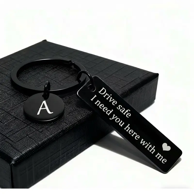 HOLDNEAR Personalized Rectangular Stainless Steel Keychain with Initial & 'Drive Safe' Engraving - Sentimental Birthday Gift for Boyfriend, Automobile Accessory