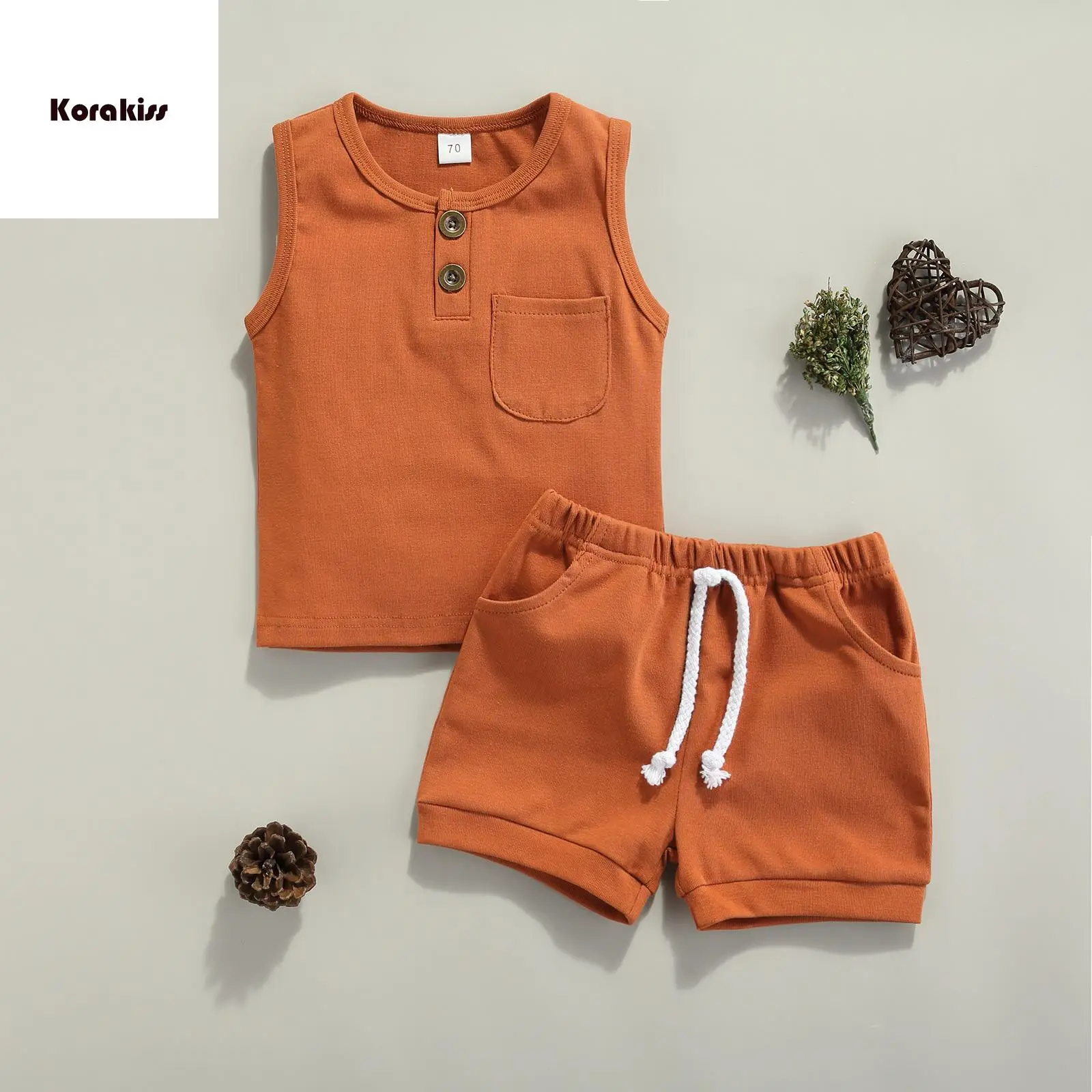 2 Pcs Newborn Summer Outfits, Baby Solid Color Round Neck Tank Tops with Pocket + Drawstring Shorts