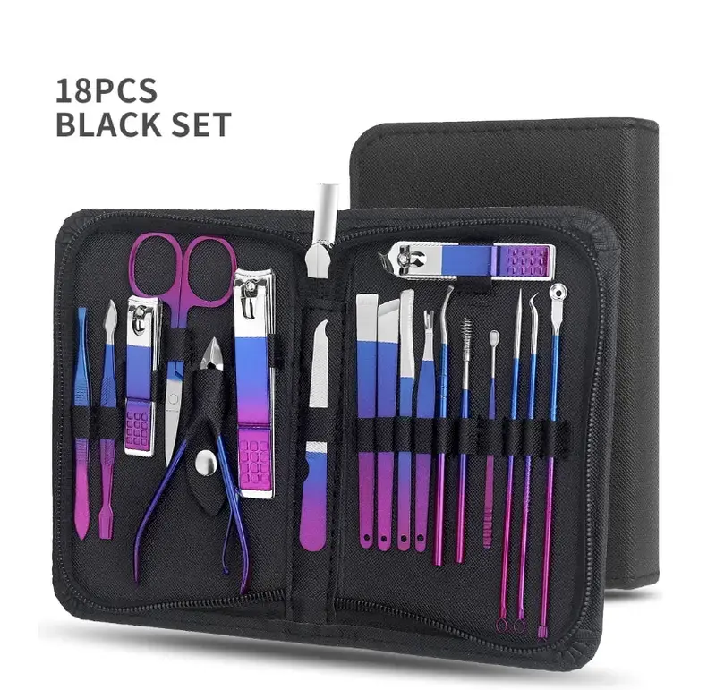 18 pcs Gradient Color Nail Clippers Manicure and Pedicure Tool Set  - Includes Cuticle Nippers and Cutter Kit- Portable Groom Lightweight Stainless Steel Black Set