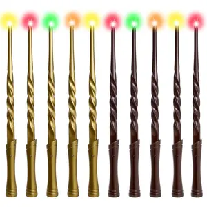 Light Up Magic Wizard Wands with Sounds & Color Lights – 10PCS Illuminating Witch Wand Sorcerer Cosplay Accessories and Birthday Party Favor Toy Set for Kids Halloween Events, Brown & Golden