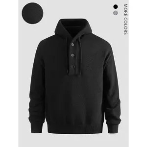 Men's Hooded Knit Sweater Pullover, Casual Fitted Half Button Front Drawstring Design, Fall Winter Fashion Streetwear Outdoor Wear