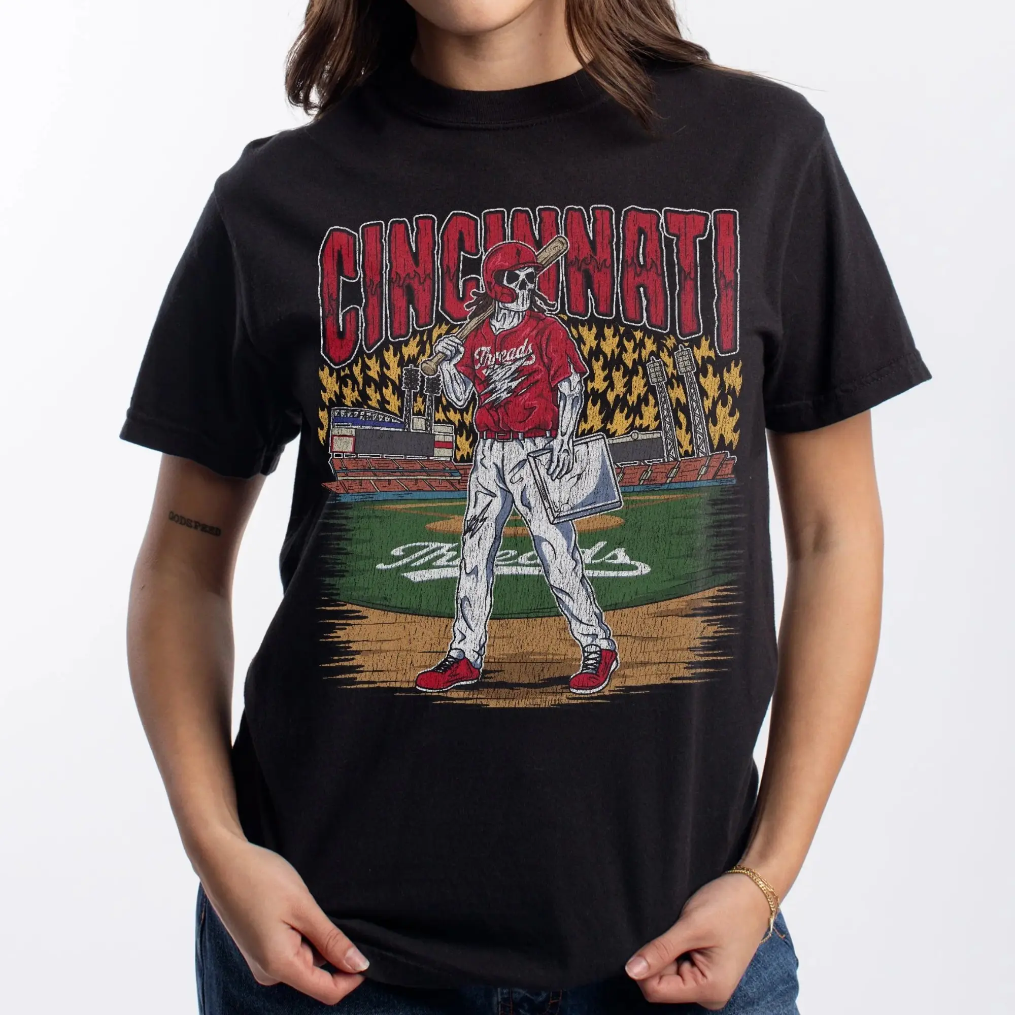 [Sale Up To 50%] Fire Skeleton Cincinnati Baseball T-Shirt, Reds Mascot Baseball Shirt, Cincinnati Baseball Game Day Graphic Tee, Reds Baseball Fan Streetwear