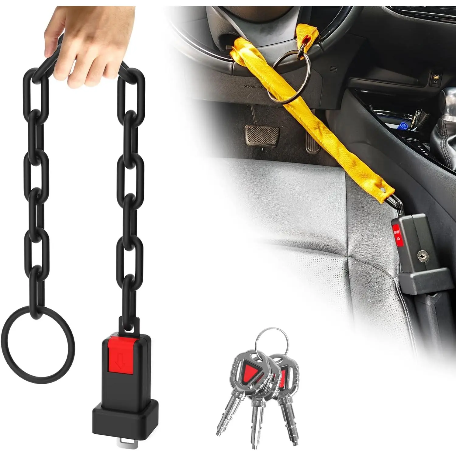 Steering Wheel Lock Anti-Theft Device, Seat Belt Lock, Anti Theft Car Device with 3 Keys, Car Theft Prevention Device Fit Most Vehicle, SUV, Golf Cart Security