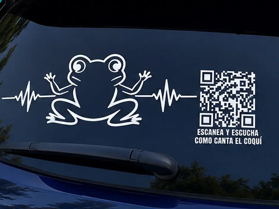 Puerto Rico Coquí Wave Car Window Sticker with QR Code | Permanent Vinyl Decal | Holographic, White, Green & Metallic Red