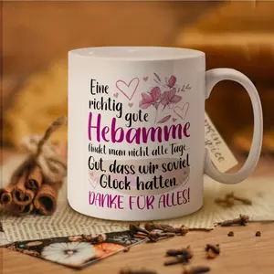 German Style, Coffee Mug, Heart And Flower Design, Ceramic With Printed Text, For Midwives And Healthcare Workers, 1 Piece
