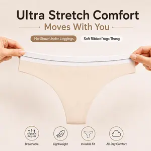 No Show Yoga Thong Underwear for Women, Seamless Ribbed Thongs, Soft Stretchy Breathable Panties, Invisible No VPL Under Leggings for Pilates Gym Everyday