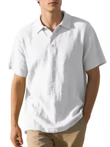 2026 New Summer American Style Loose Breathable Linen Plain Casual Luxury Half button collared Men's Vacation Polo Shirt Short Sleeve, Comfortable and Stylish
