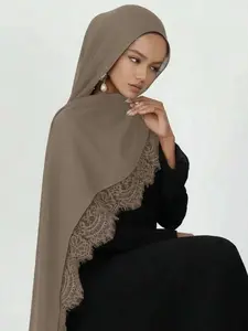 Long Lace Edge Fashion Printed Scarf for Women, Outdoor Breathable Hijab, Headscarf Shawl, Daily Wear Clothing Accessory, Birthday Gift
