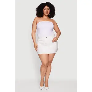 Plus Size Rhinestone Raw Hem Mini Denim Skirt