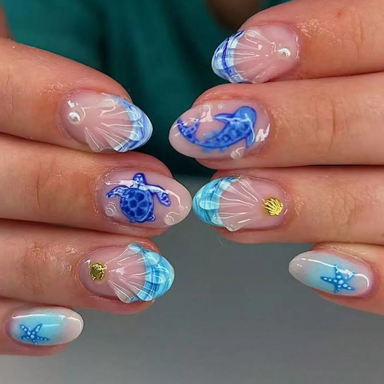 24pcs Long Almond Blue Ocean French Cute Turtle Nails, Gold Shell Starfish Pearl Decor Press-On Fake Nail Design Set, Easy Wear for Party Dance Daily Use Decorative Nails