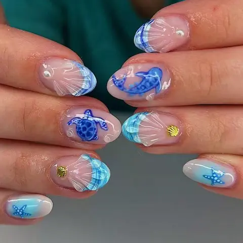 24pcs Long Almond Blue Ocean French Cute Turtle Nails, Gold Shell Starfish Pearl Decor Press-On Fake Nail Design Set, Easy Wear for Party Dance Daily Use Decorative Nails