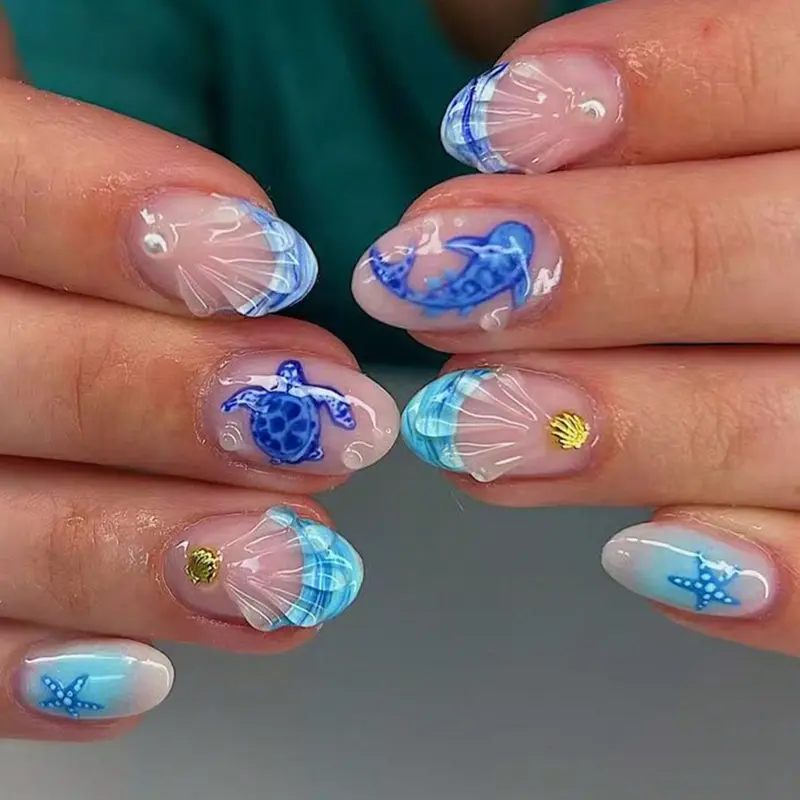 24pcs Long Almond Blue Ocean French Cute Turtle Nails, Gold Shell Starfish Pearl Decor Press-On Fake Nail Design Set, Easy Wear for Party Dance Daily Use Decorative Nails