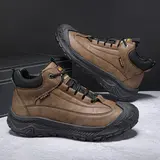 Men's Premium Leather High-Top Hiking Shoes - Male Outdoor Trekking Footwear with Rubber Sole, PU, Synthetics, Non-Slip, Wear-Resistant, Warm, Elastic Laces, Mid-Top Ankle Hold, All-Season for Simple Outing, Trendy Simplicity, US10.5