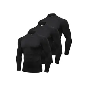 Men's 3pcs Solid Mock Neck Compression Shirt, Long Sleeve Turtleneck T-shirt for Basketball Football Running Athletic Activities, Casual Sporty Top for Spring & Fall, Gym Wear