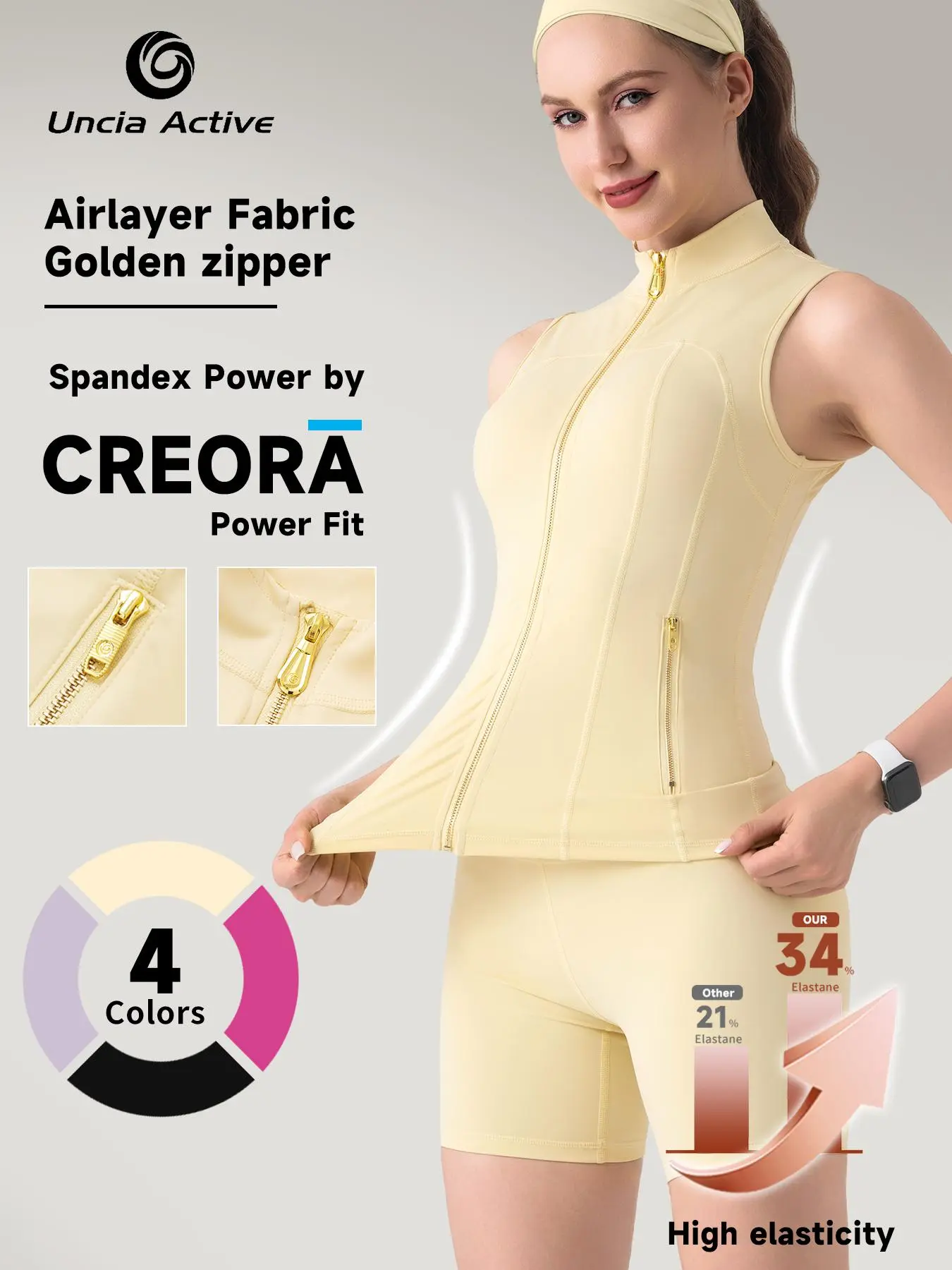 UnciaActive Women's 2-Piece Minimalist Gold-Color Zipper Vest & Tight Above-The-Knee Shorts Set - Airlayer Fabric, High Elasticity Workout Matching Sets for Women, Yoga, Gym Outfits, 2 Piece Sets,travel essentials,camping essentials Basic Clothes