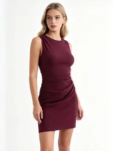 Women's Trendy Chic Solid Color Round Neck Off-Shoulder Slim Waist Mini Dress, Fashionable Casual Summer, Womenswear Perfect for Daily Wear