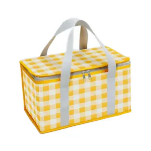 Large Insulated Picnic Bag, Plaid Design, Easy Clean Foldable Cooler, Durable Handle, Keeps Food Warm Hours, Ideal for Camping Outdoor Adventure