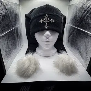 Crosses Black Beanie with White Fur Poms and Rhinestone Accents for Winter Fashion