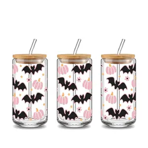 Gothic Bat Pumpkin Design 16oz Glass Water Cup with Lid and Straw, Bamboo Lid Pink Halloween Reusable Gass Drinking Cup, High-Quality Glass Jar Design, Suitable for Iced Coffee, Beer, Juice, Milk, Cold Drink Glass Cups, Fashionable Glassware.