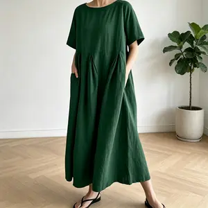 Womens Plus Size Cotton Linen Dress with Pockets Short Sleeve Crewneck Loose Fit Sundress Summer Casual Breathable Midi Dress 2026 Minimalist Boho Outfit Relaxed Tunic Everyday Wear
