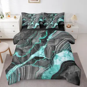 Feelyou 7-Piece Black Marble Comforter Set - Bed in A Bag with Blue Crack Grey Bedding, Gray Abstract Marbling Metallic Texture Sheets, Boho Hippie Fluid Reversible Quilt (for Boys, Men)