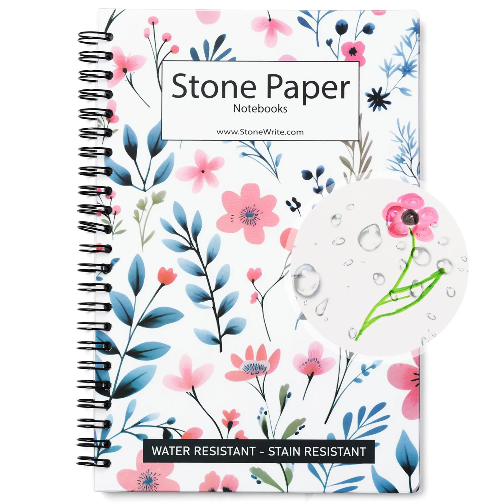 StoneWrite Waterproof Floral Spiral Notebook - Blank Pages - 50 Sheet / 100 Pages - A5 Size - 5.5" x 8.25" Blue and Pink Flower Design