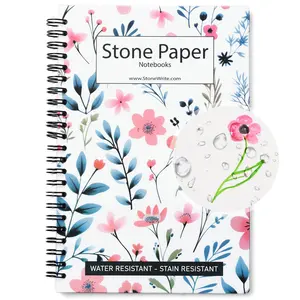 StoneWrite Waterproof Floral Spiral Notebook - Blank Pages - 50 Sheet / 100 Pages - A5 Size - 5.5" x 8.25" Blue and Pink Flower Design