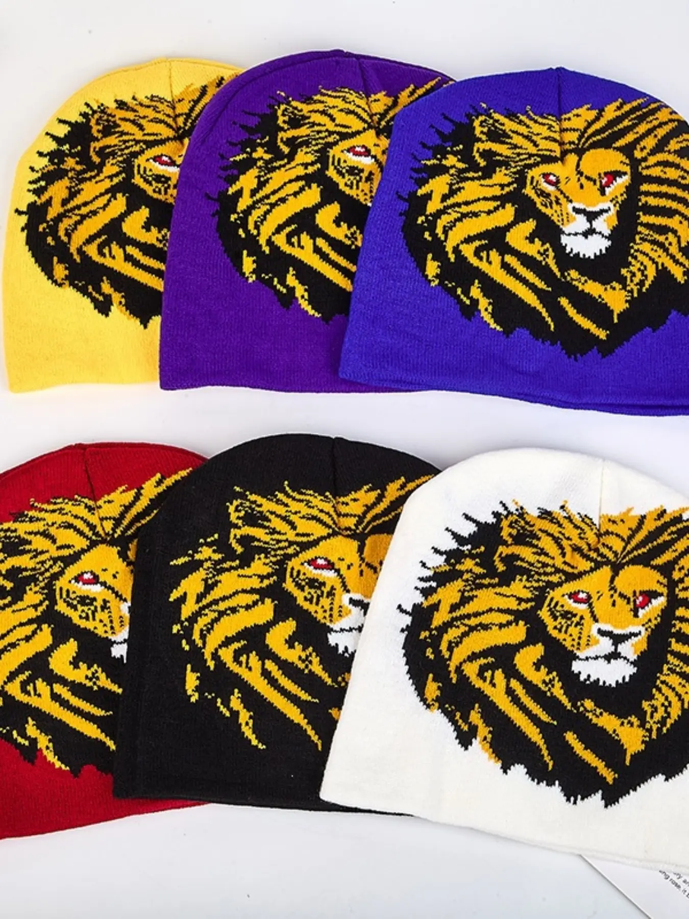 Lion Head Embroidered Knit Hat, Animal Print Streetwear Cap, Warm and Casual, Unisex Lion Pattern, Breathable and Elastic, Fall & Winter