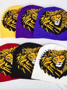 Lion Head Embroidered Knit Hat, Animal Print Streetwear Cap, Warm and Casual, Unisex Lion Pattern, Breathable and Elastic, Fall & Winter