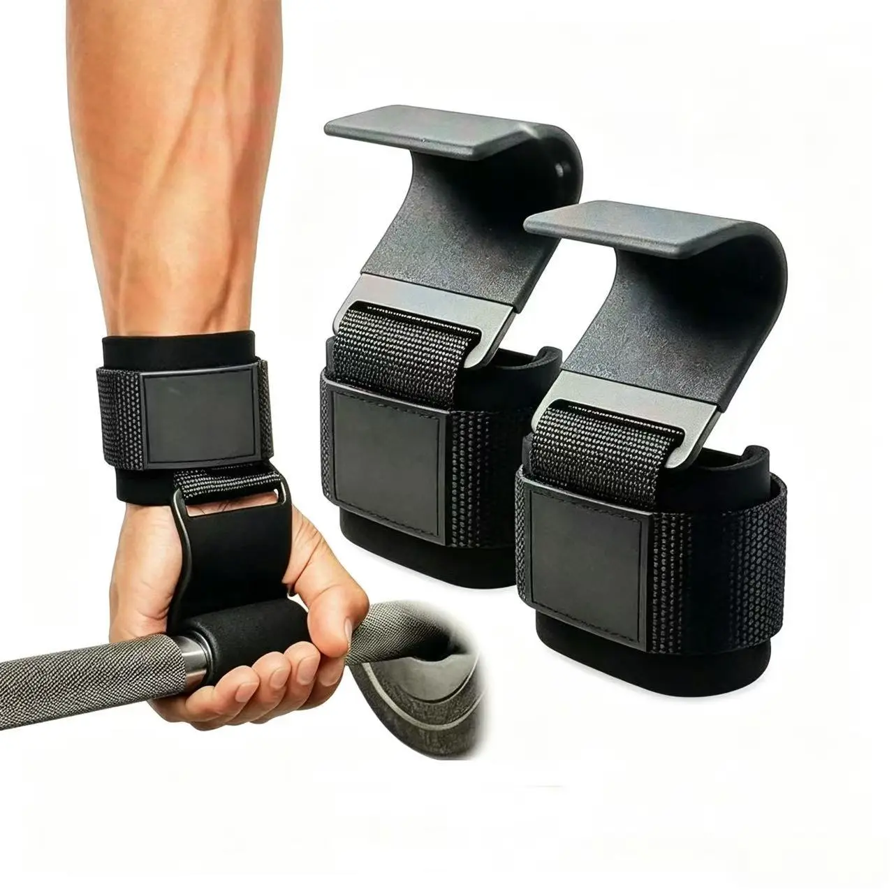 Weight Lifting Hooks with Neoprene Wrist Wraps - Heavy Duty Hook Grips Strength Training Equipment for Deadlifts, Rehab, Prevent Strain, Train Harder, Built-In Wrist Support, Cushion Heavy Pressure, Build Strength