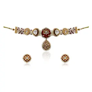 Kundan Pearl Lotus Choker Set – Enamel Centerpiece with Polki Drop