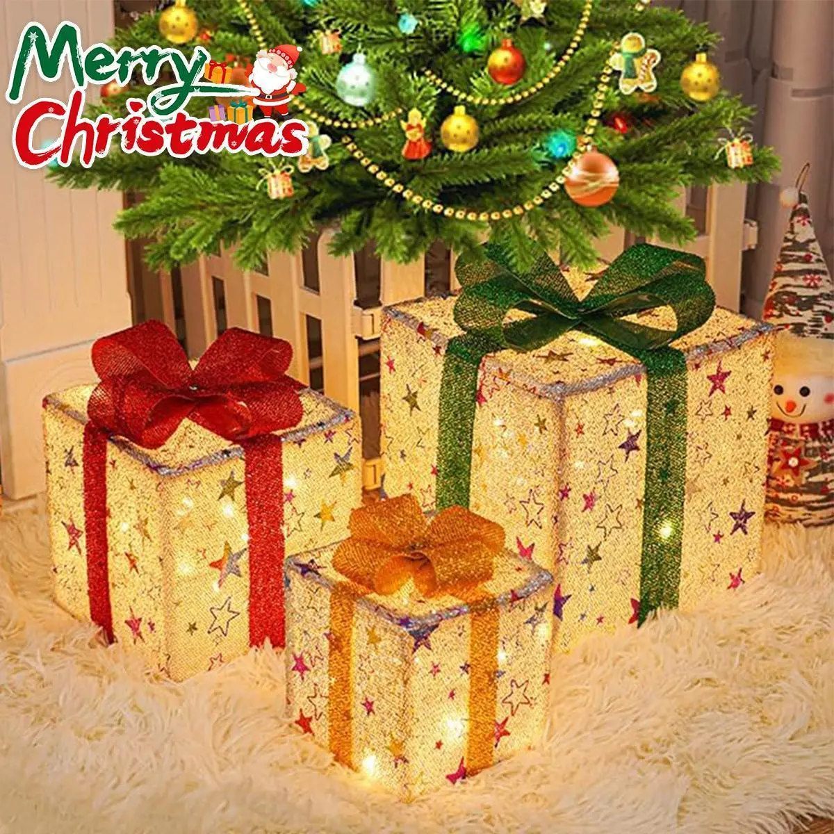 Merry Christmas Set of 3 Lighted Gift Boxes 60 LED Warm White Lights for Indoor Outdoor Holiday Decorations Xmas Ornaments