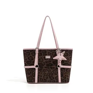 BIGWIG Leopard Print Star Charm PU Leather Tote Bag - Women's Y2K Aesthetic Double Handle Large Size Casual Wear Bag, Lightweight Spacious Handbag for Work Commute & Travel, Chic Streetwear Statement Piece tiktokshopspringglowup