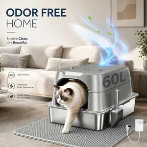 Smart Odor Control Stainless Steel Cat Litter Box | Extra Large 60L Enclosed Litter Box with  Auto Pause Sensor, Plasma Sterilization ,180° Flip Lid for Easy Cleaning, Anti-Leak High Walls, Step Mat & Scoop | Ideal for Big Fat Multiple Cats SummerVibes